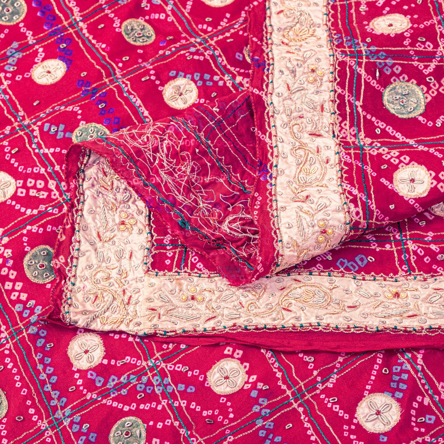 Sanskriti Vintage Red Pure Silk Dupatta/Stole Peacock Bandhani Gharchola Hand Embroidered Zardozi Gujrat Of India Crafting, Upcycling,