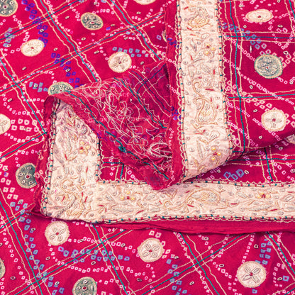 Sanskriti Vintage Red Pure Silk Dupatta/Stole Peacock Bandhani Gharchola Hand Embroidered Zardozi Gujrat Of India Crafting, Upcycling,