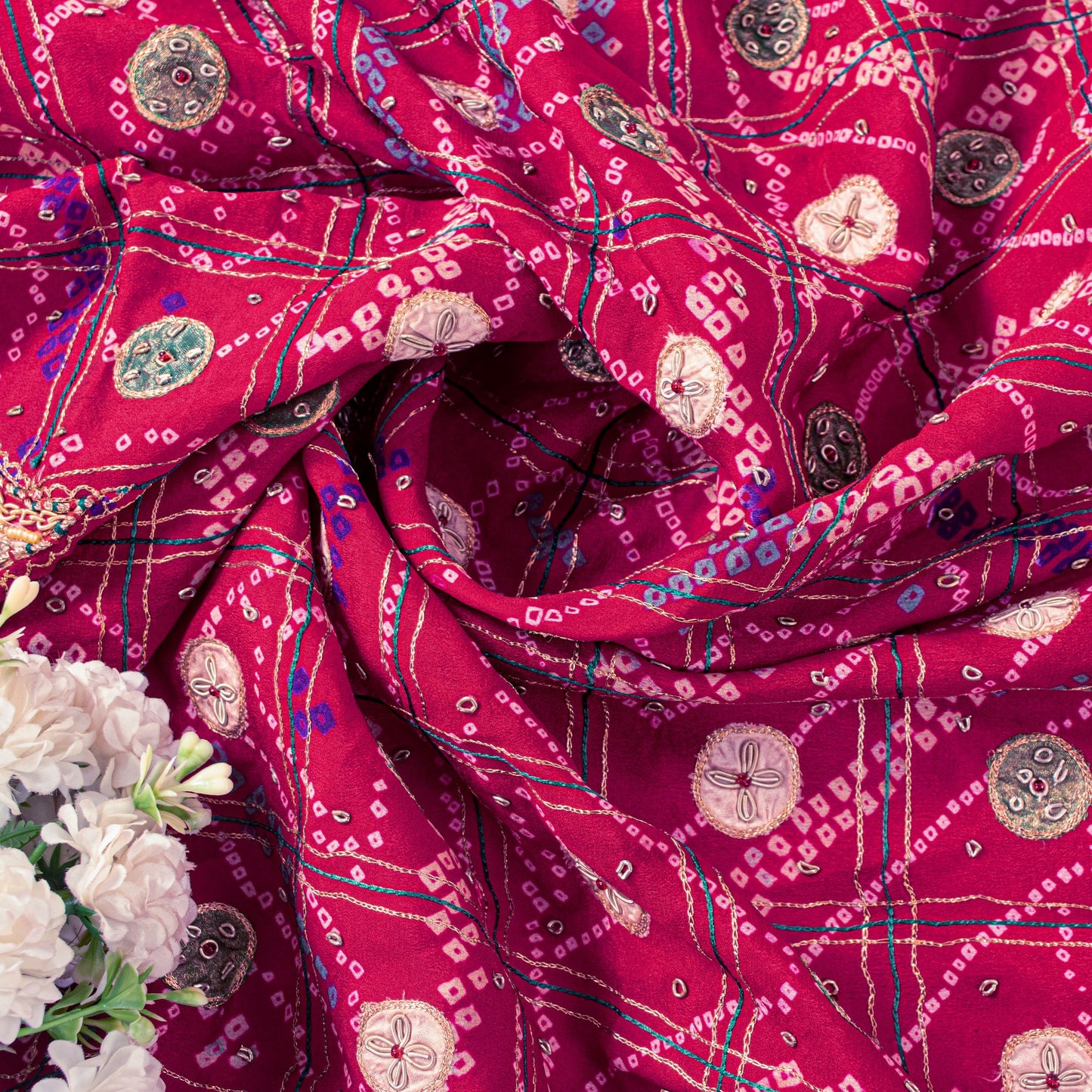 Sanskriti Vintage Red Pure Silk Dupatta/Stole Peacock Bandhani Gharchola Hand Embroidered Zardozi Gujrat Of India Crafting, Upcycling,