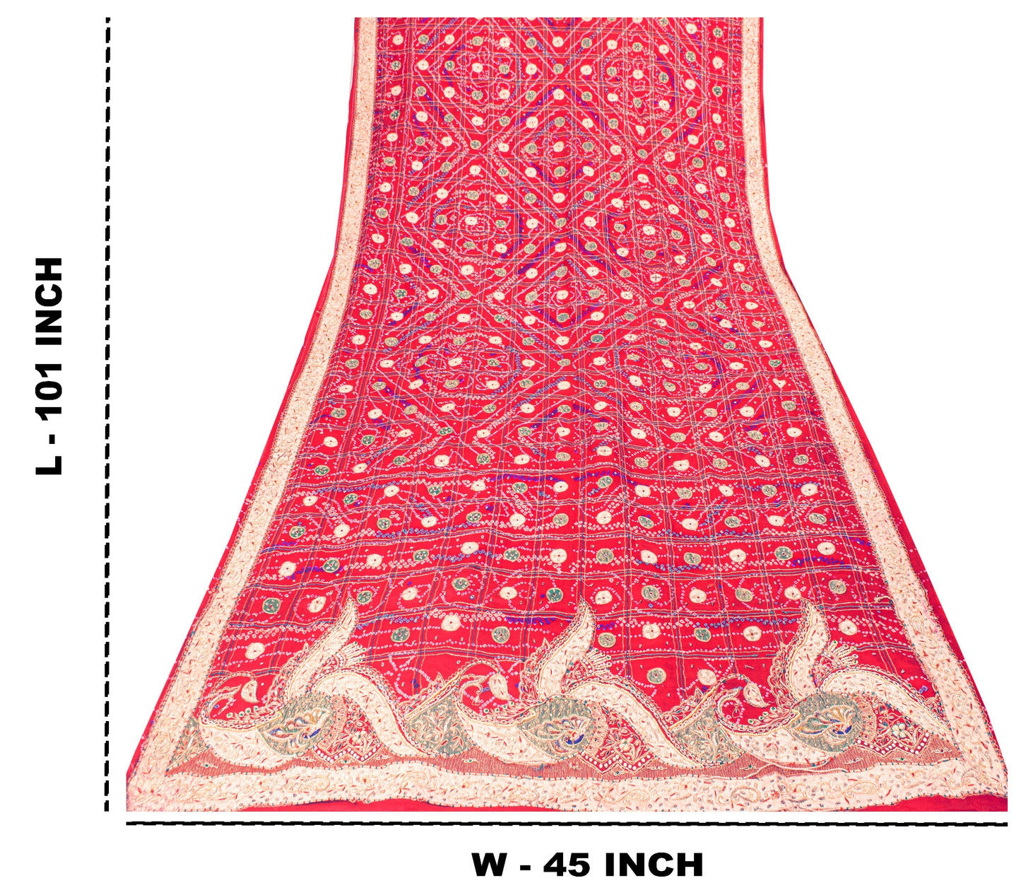 Sanskriti Vintage Red Pure Silk Dupatta/Stole Peacock Bandhani Gharchola Hand Embroidered Zardozi Gujrat Of India Crafting, Upcycling,