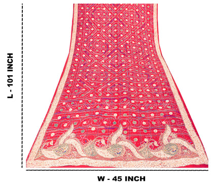 Sanskriti Vintage Red Pure Silk Dupatta/Stole Peacock Bandhani Gharchola Hand Embroidered Zardozi Gujrat Of India Crafting, Upcycling,