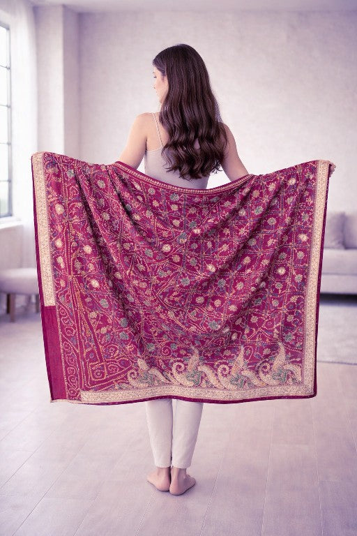Sanskriti Vintage Red Pure Silk Dupatta/Stole Peacock Bandhani Gharchola Hand Embroidered Zardozi Gujrat Of India Crafting, Upcycling,