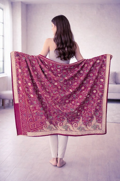 Sanskriti Vintage Red Pure Silk Dupatta/Stole Peacock Bandhani Gharchola Hand Embroidered Zardozi Gujrat Of India Crafting, Upcycling,