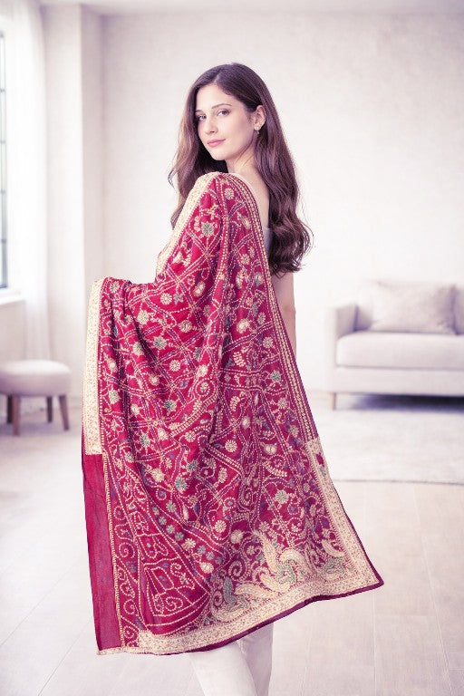 Sanskriti Vintage Red Pure Silk Dupatta/Stole Peacock Bandhani Gharchola Hand Embroidered Zardozi Gujrat Of India Crafting, Upcycling,