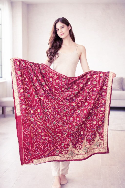 Sanskriti Vintage Red Pure Silk Dupatta/Stole Peacock Bandhani Gharchola Hand Embroidered Zardozi Gujrat Of India Crafting, Upcycling,