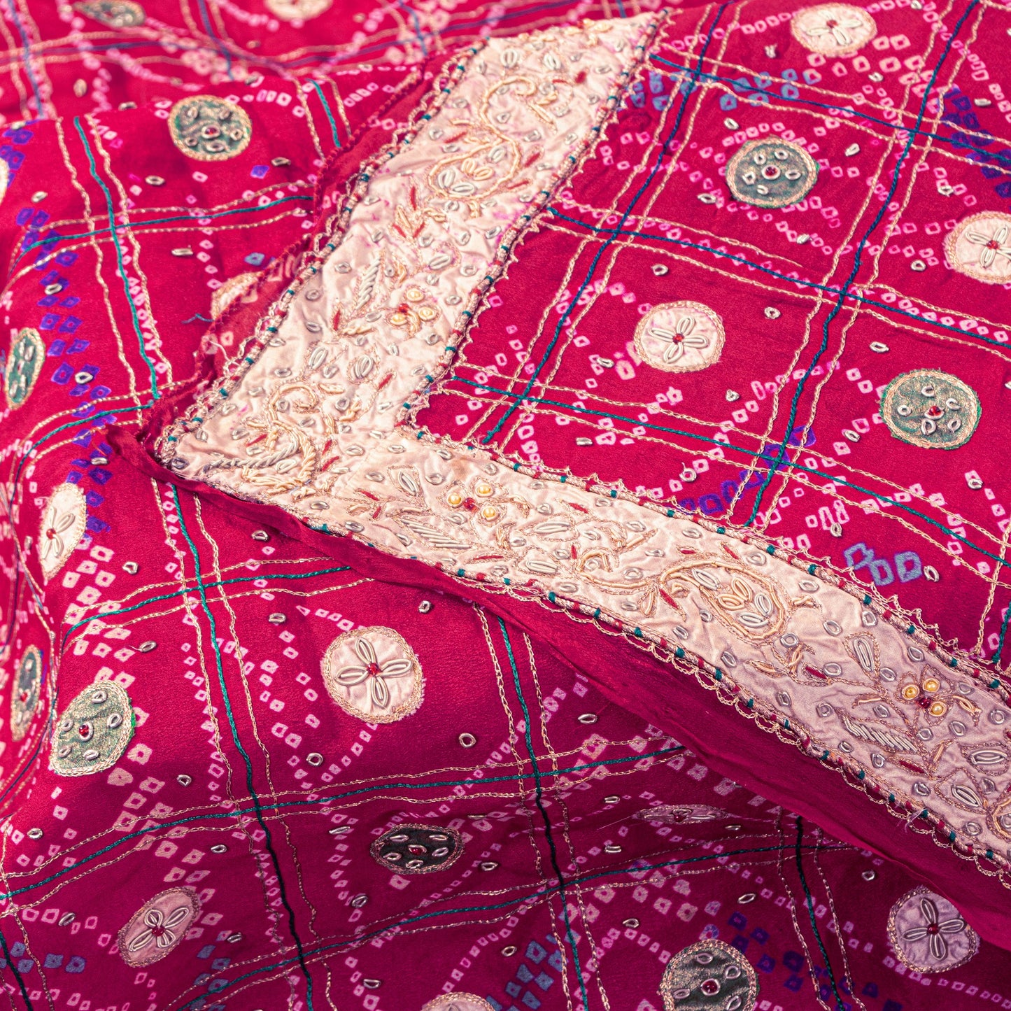 Sanskriti Vintage Red Pure Silk Dupatta/Stole Peacock Bandhani Gharchola Hand Embroidered Zardozi Gujrat Of India Crafting, Upcycling,