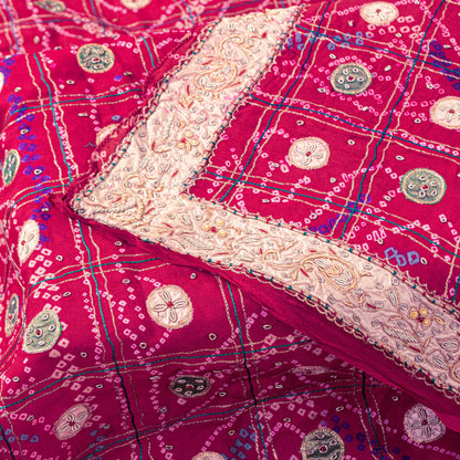 Sanskriti Vintage Red Pure Silk Dupatta/Stole Peacock Bandhani Gharchola Hand Embroidered Zardozi Gujrat Of India Crafting, Upcycling,