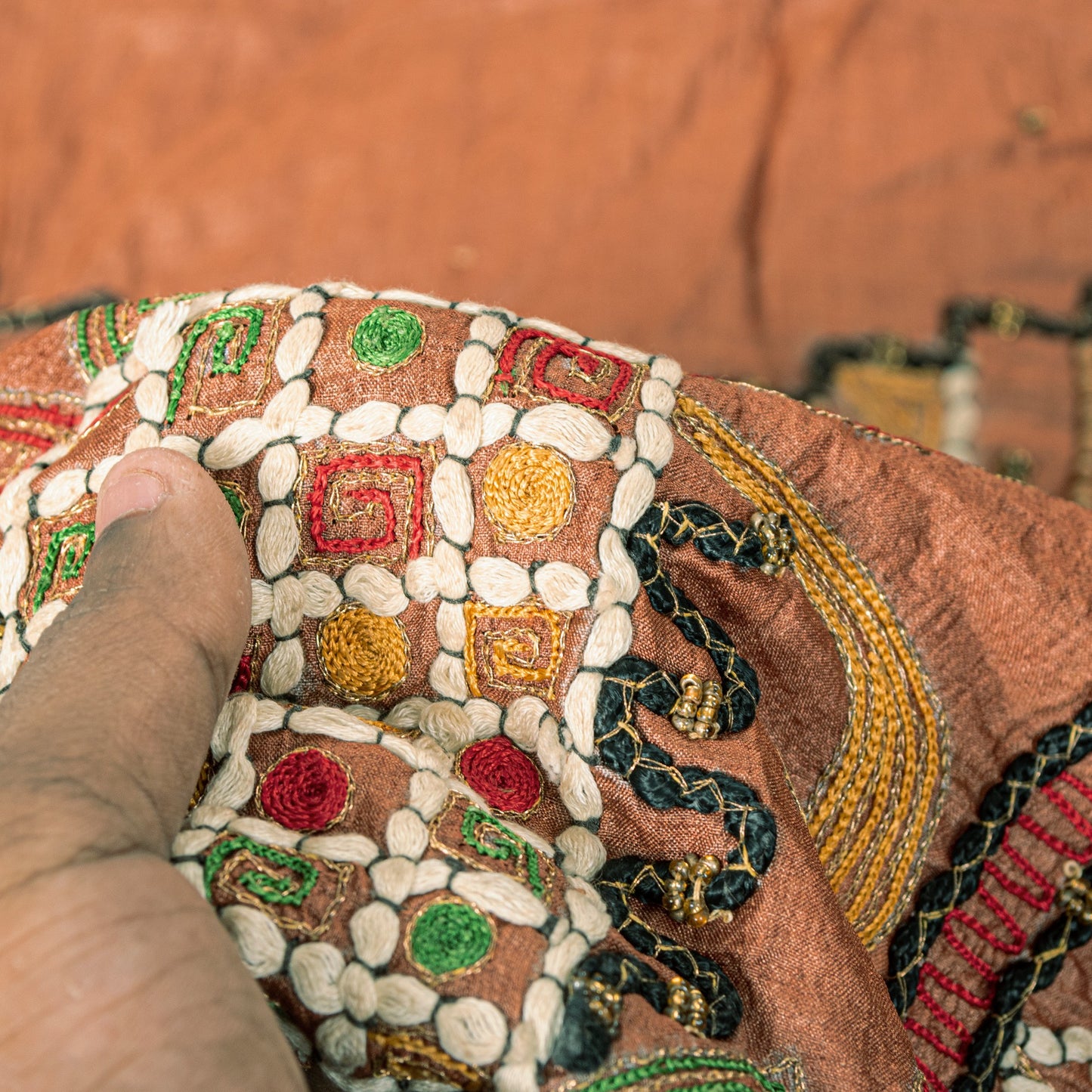 Sanskriti Vintage Brown Pure Silk Dupatta/Stole Kutch Work Gujrat Handcraft Veil