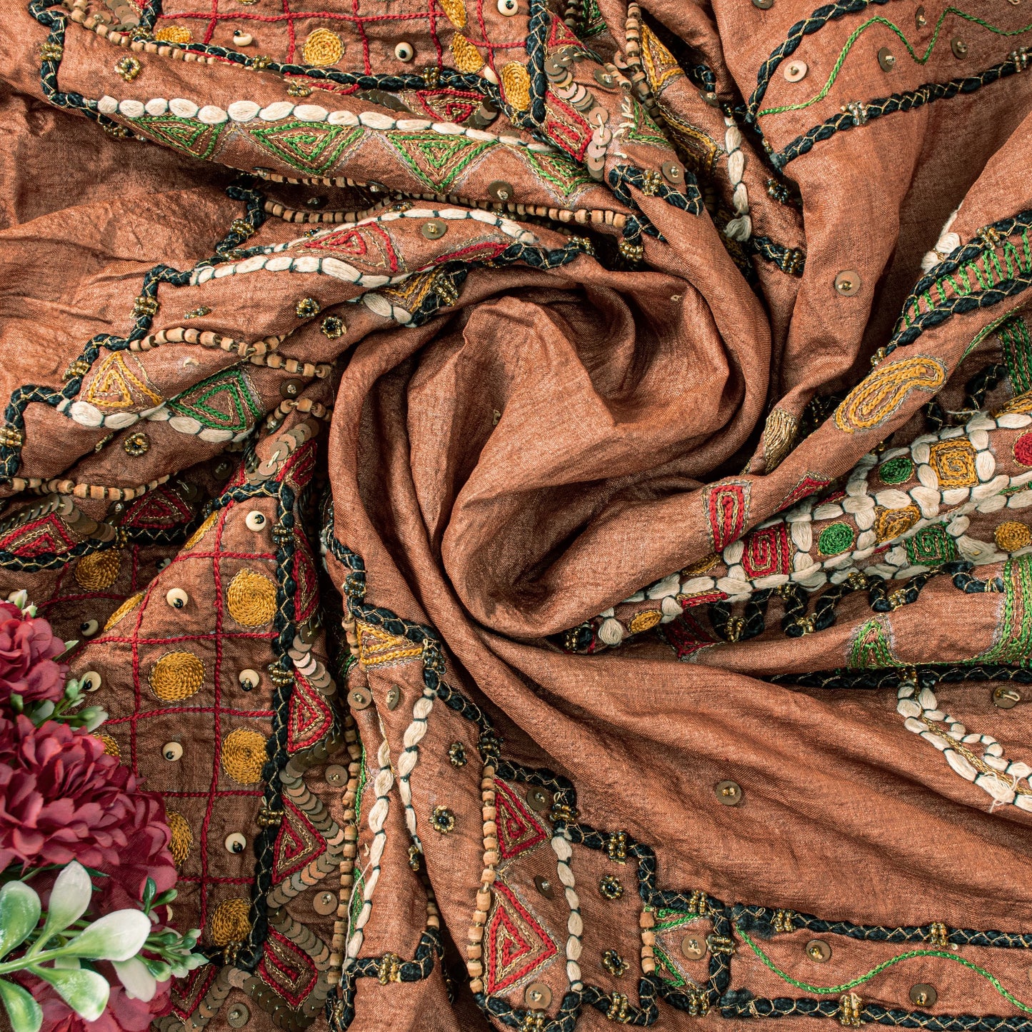 Sanskriti Vintage Brown Pure Silk Dupatta/Stole Kutch Work Gujrat Handcraft Veil
