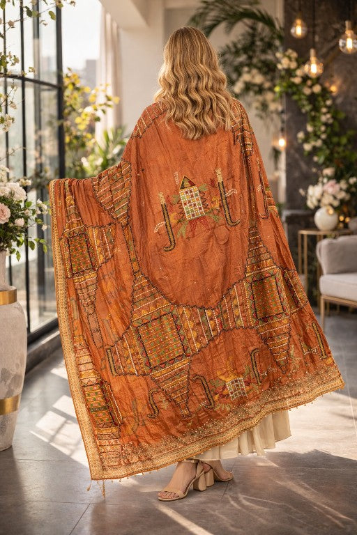 Sanskriti Vintage Brown Pure Silk Dupatta/Stole Kutch Work Gujrat Handcraft Veil