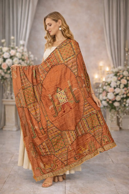 Sanskriti Vintage Brown Pure Silk Dupatta/Stole Kutch Work Gujrat Handcraft Veil