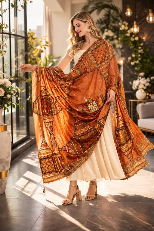 Sanskriti Vintage Brown Pure Silk Dupatta/Stole Kutch Work Gujrat Handcraft Veil