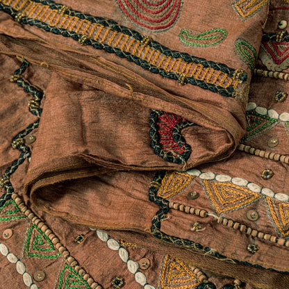 Sanskriti Vintage Brown Pure Silk Dupatta/Stole Kutch Work Gujrat Handcraft Veil