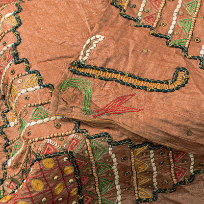 Sanskriti Vintage Brown Pure Silk Dupatta/Stole Kutch Work Gujrat Handcraft Veil