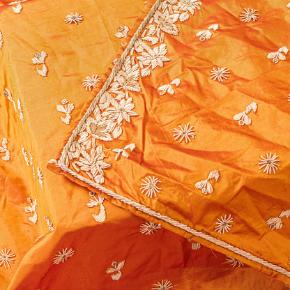 Sanskriti Vintage Saffron Pure Silk Dupatta/Stole Hand Embroidery Zardozi Ethnic