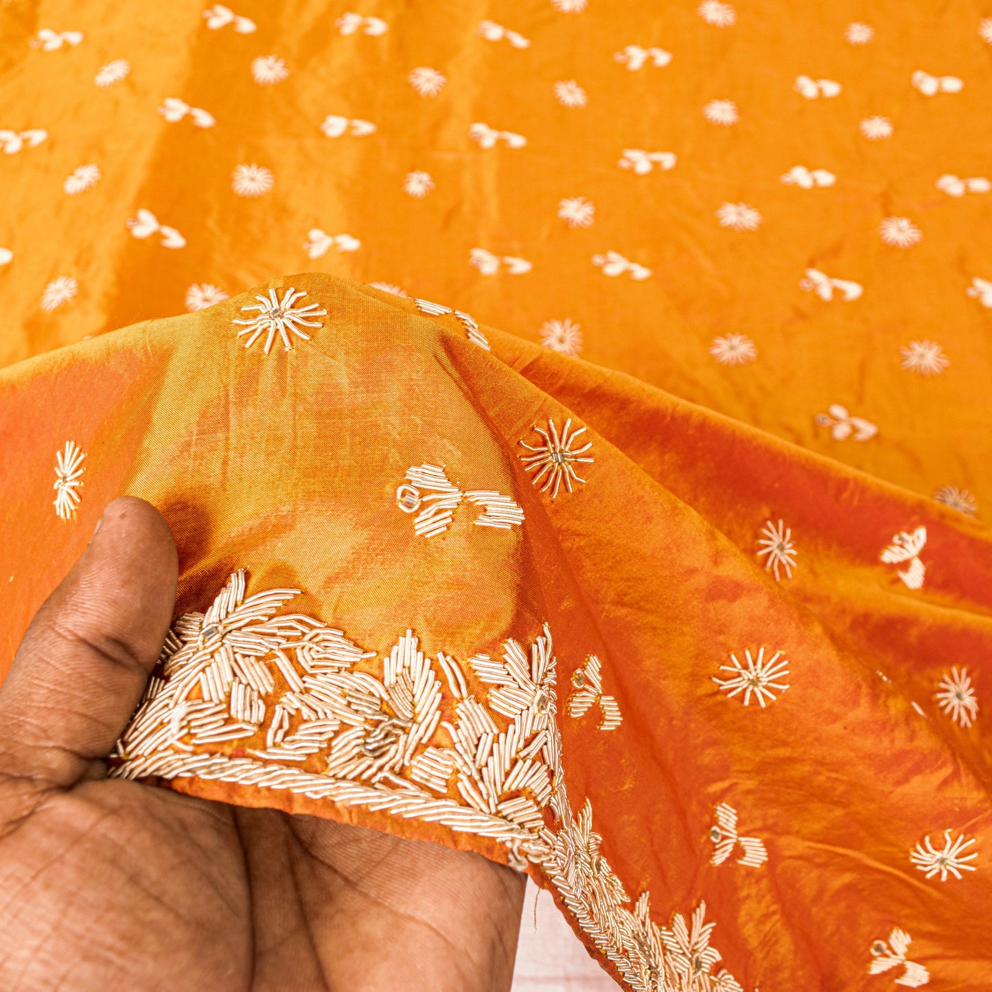 Sanskriti Vintage Saffron Pure Silk Dupatta/Stole Hand Embroidery Zardozi Ethnic