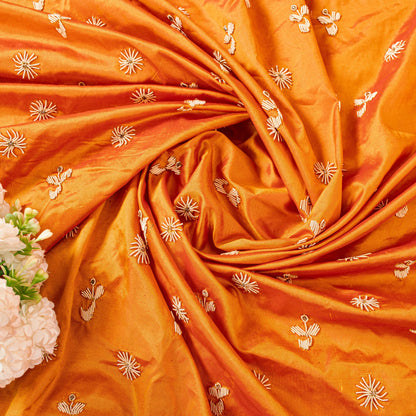 Sanskriti Vintage Saffron Pure Silk Dupatta/Stole Hand Embroidery Zardozi Ethnic