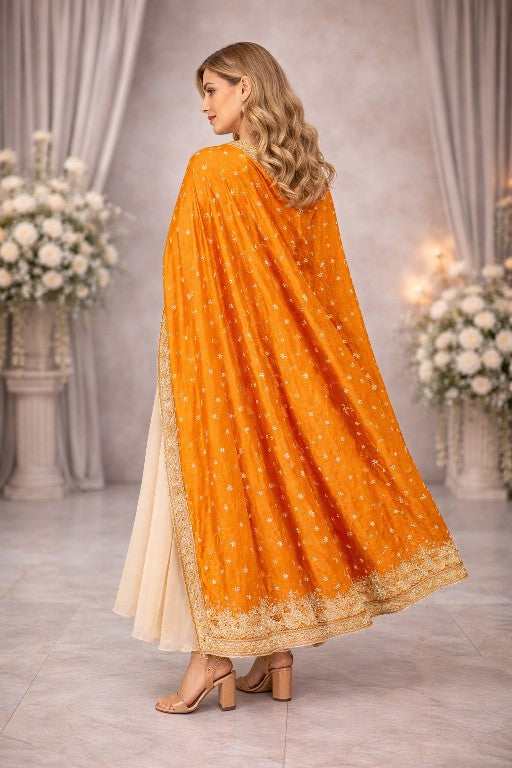 Sanskriti Vintage Saffron Pure Silk Dupatta/Stole Hand Embroidery Zardozi Ethnic