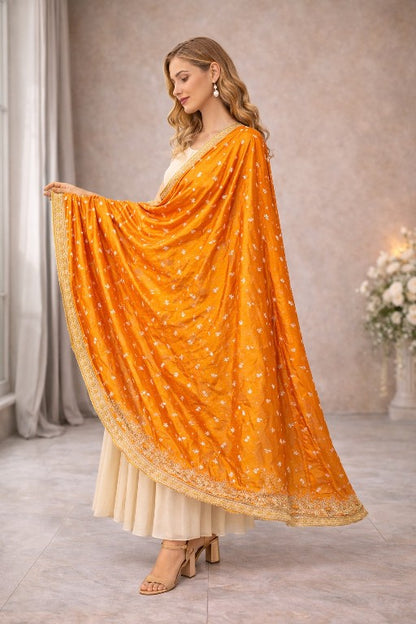 Sanskriti Vintage Saffron Pure Silk Dupatta/Stole Hand Embroidery Zardozi Ethnic