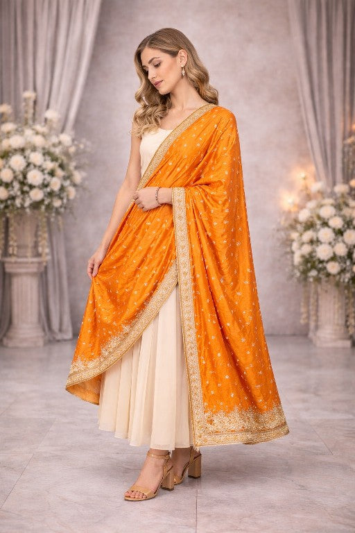 Sanskriti Vintage Saffron Pure Silk Dupatta/Stole Hand Embroidery Zardozi Ethnic
