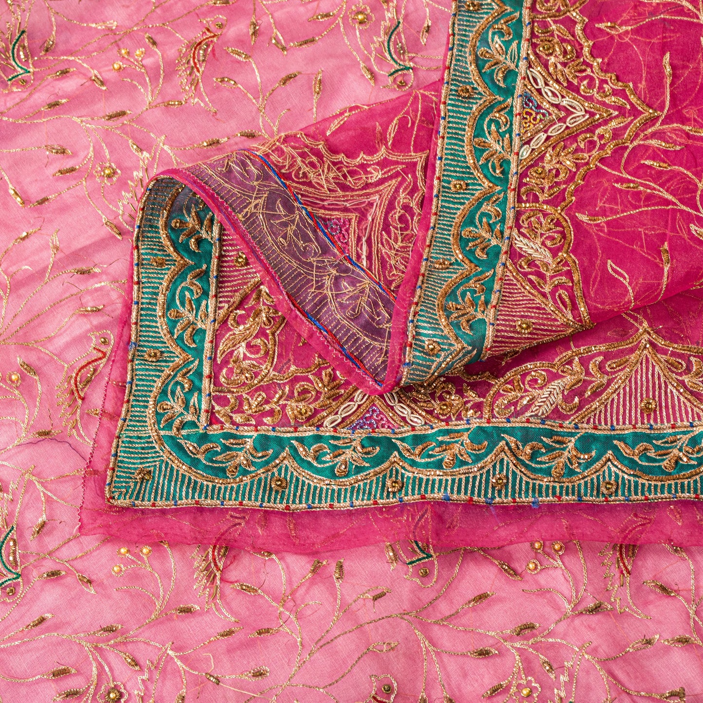 Sanskriti Vintage Pink Organza Dupatta/Stole Hand Embroidery Dabka Zari NeckVeil