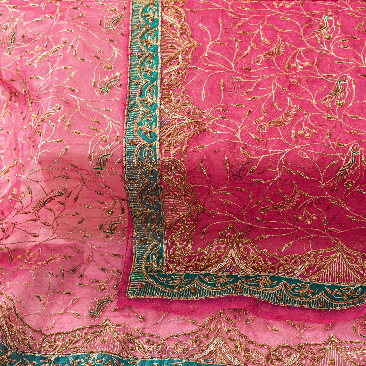 Sanskriti Vintage Pink Organza Dupatta/Stole Hand Embroidery Dabka Zari NeckVeil