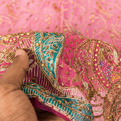 Sanskriti Vintage Pink Organza Dupatta/Stole Hand Embroidery Dabka Zari NeckVeil