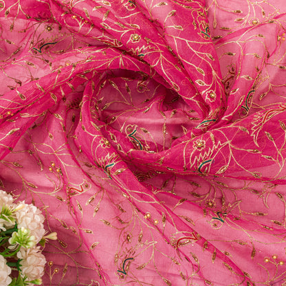 Sanskriti Vintage Pink Organza Dupatta/Stole Hand Embroidery Dabka Zari NeckVeil