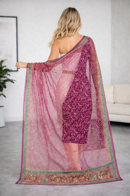 Sanskriti Vintage Pink Organza Dupatta/Stole Hand Embroidery Dabka Zari NeckVeil