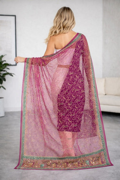 Sanskriti Vintage Pink Organza Dupatta/Stole Hand Embroidery Dabka Zari NeckVeil