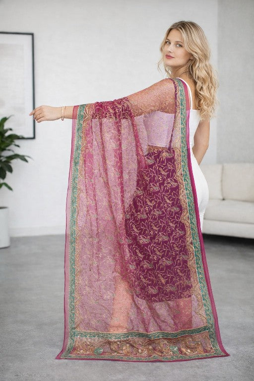 Sanskriti Vintage Pink Organza Dupatta/Stole Hand Embroidery Dabka Zari NeckVeil