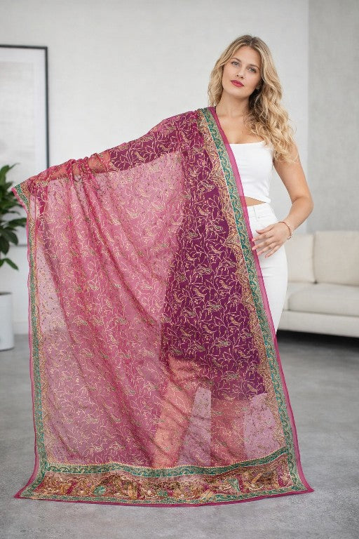 Sanskriti Vintage Pink Organza Dupatta/Stole Hand Embroidery Dabka Zari NeckVeil
