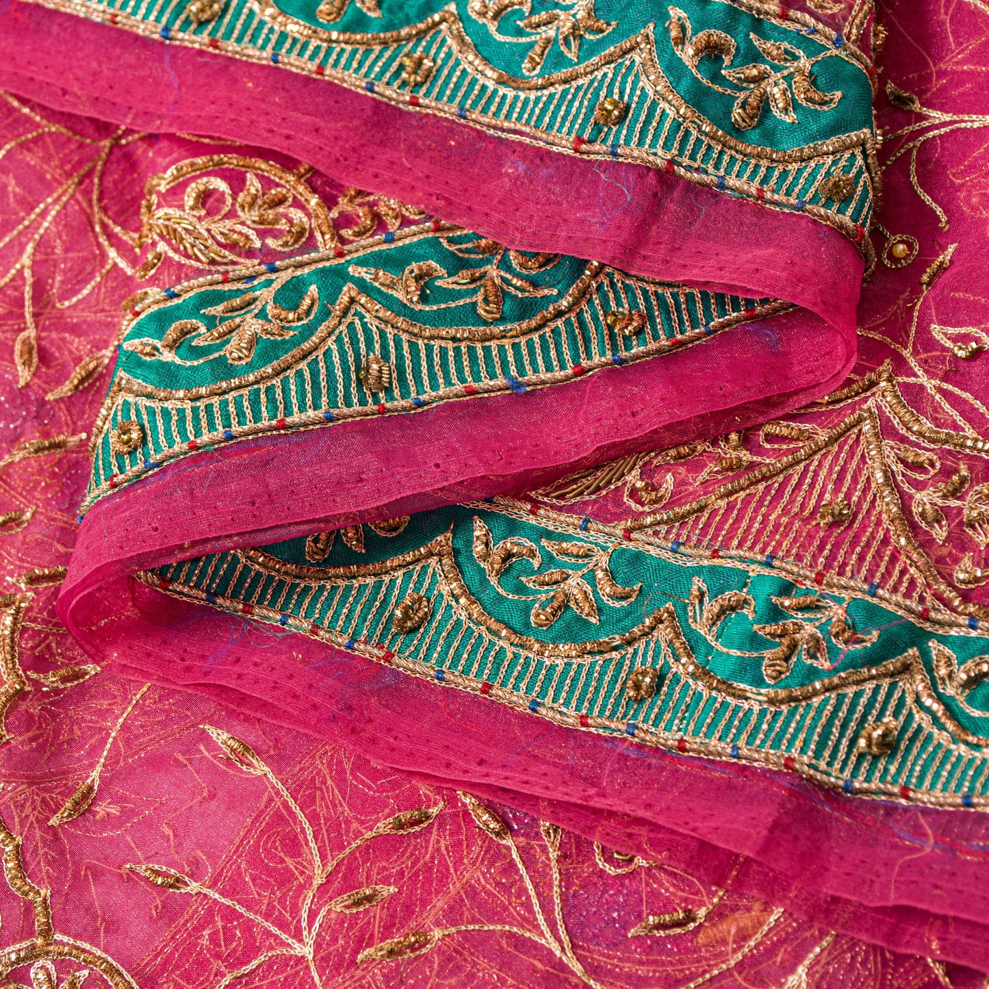 Sanskriti Vintage Pink Organza Dupatta/Stole Hand Embroidery Dabka Zari NeckVeil