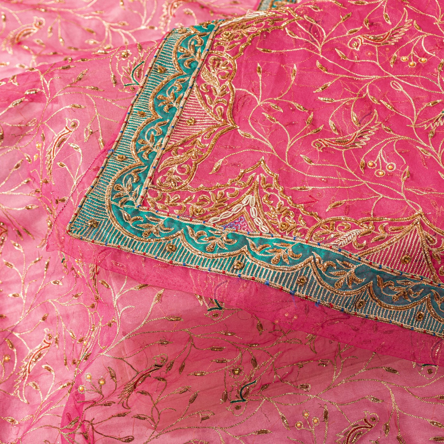 Sanskriti Vintage Pink Organza Dupatta/Stole Hand Embroidery Dabka Zari NeckVeil