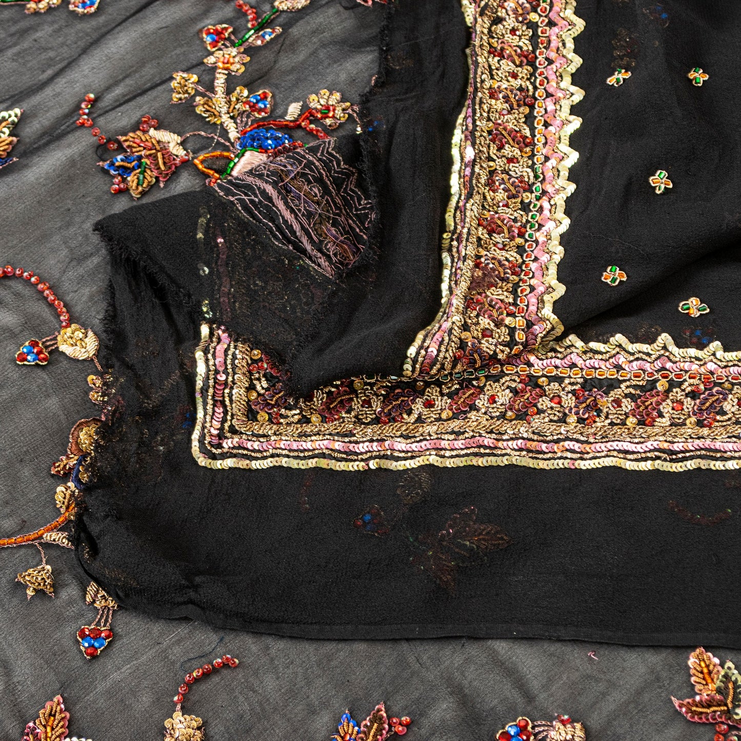 Sanskriti Vintage Black Pure Georgette Silk Stole Dupatta Hand Bead Zardozi Veil