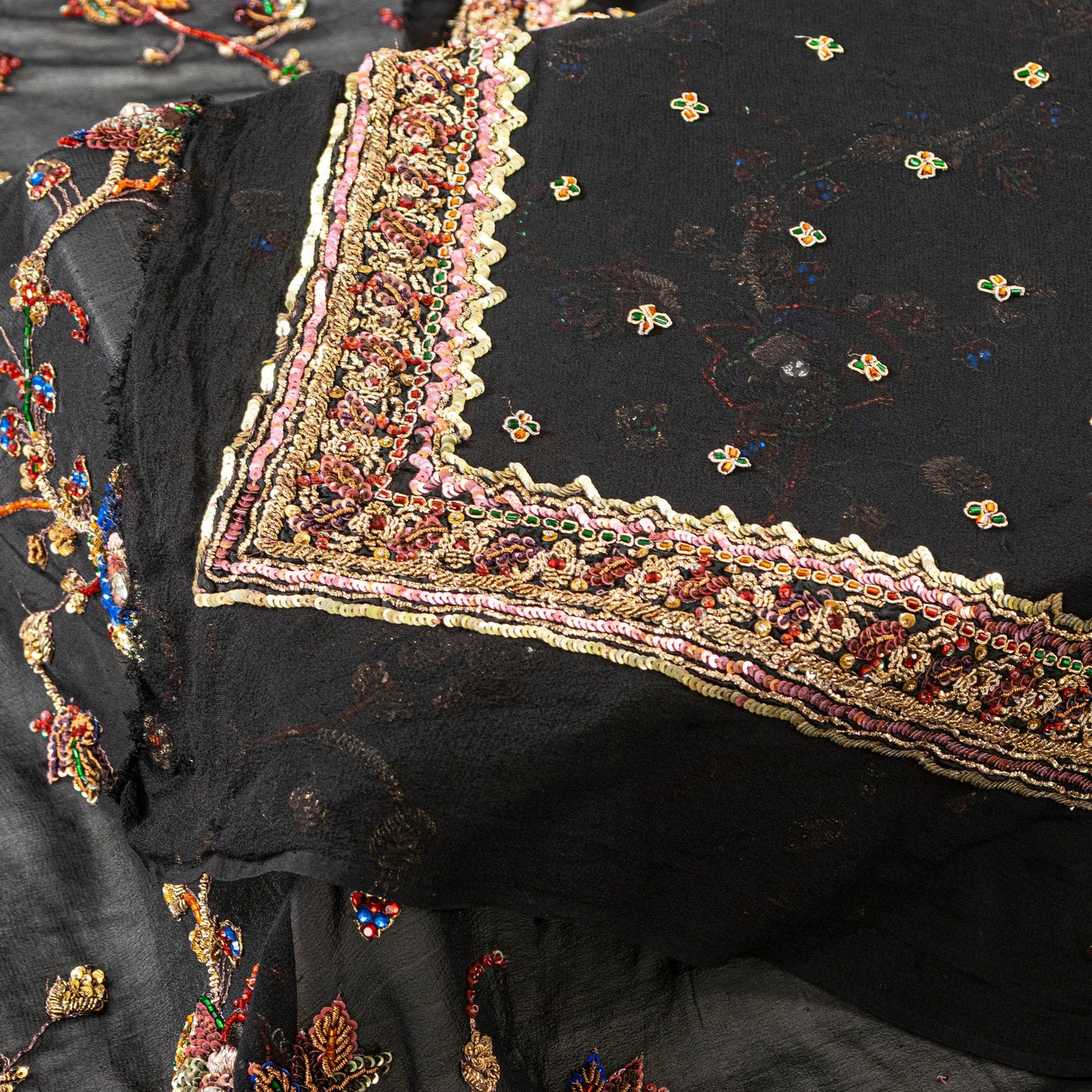 Sanskriti Vintage Black Pure Georgette Silk Stole Dupatta Hand Bead Zardozi Veil