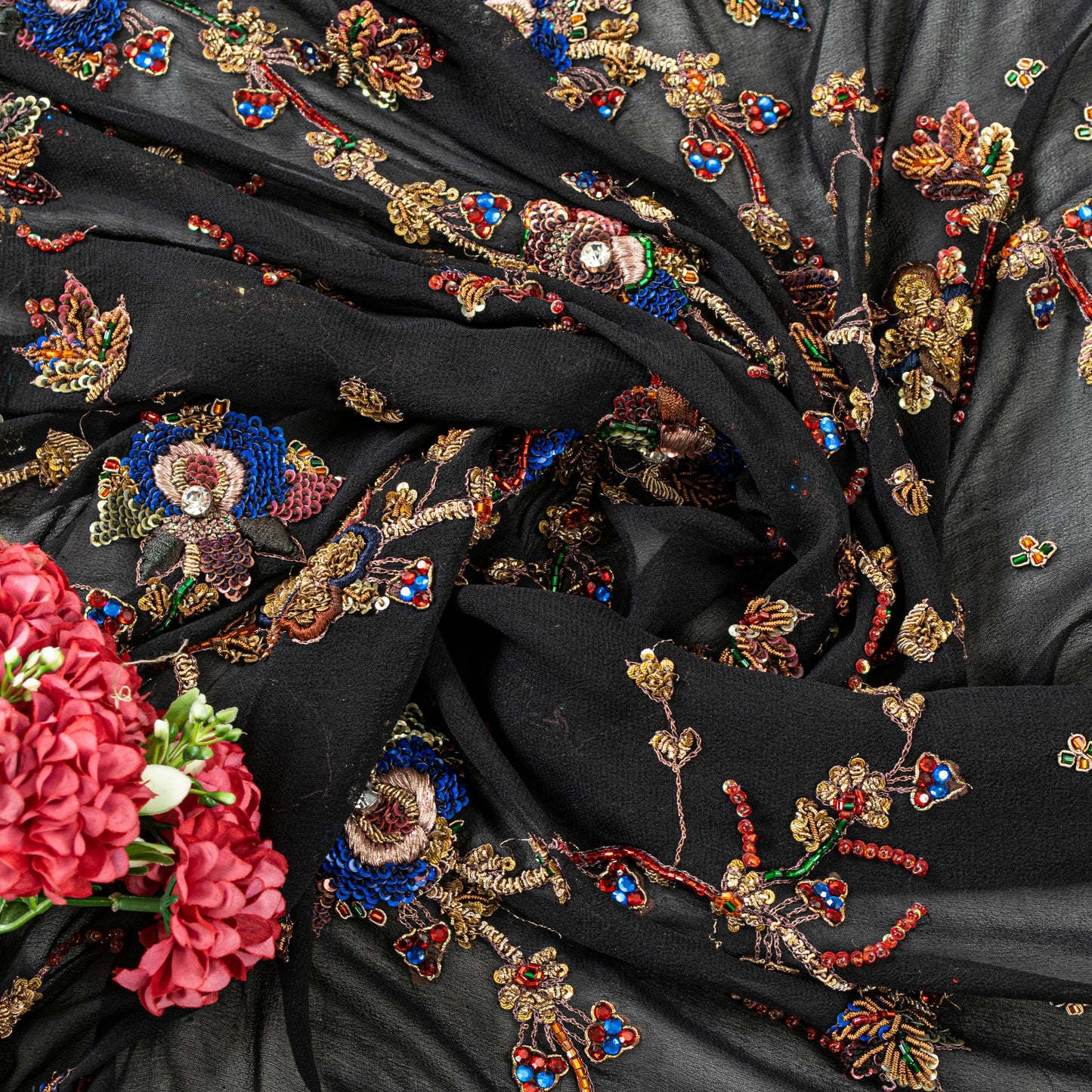Sanskriti Vintage Black Pure Georgette Silk Stole Dupatta Hand Bead Zardozi Veil