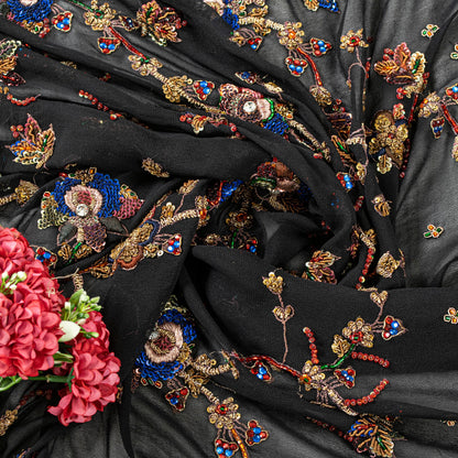 Sanskriti Vintage Black Pure Georgette Silk Stole Dupatta Hand Bead Zardozi Veil
