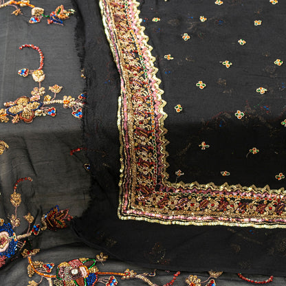 Sanskriti Vintage Black Pure Georgette Silk Stole Dupatta Hand Bead Zardozi Veil