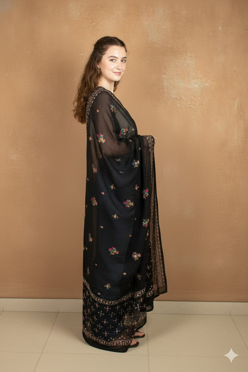 Sanskriti Vintage Black Pure Georgette Silk Stole Dupatta Hand Bead Zardozi Veil