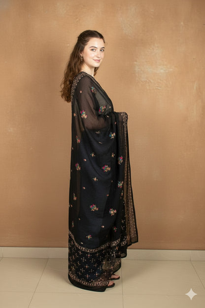 Sanskriti Vintage Black Pure Georgette Silk Stole Dupatta Hand Bead Zardozi Veil