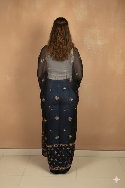 Sanskriti Vintage Black Pure Georgette Silk Stole Dupatta Hand Bead Zardozi Veil
