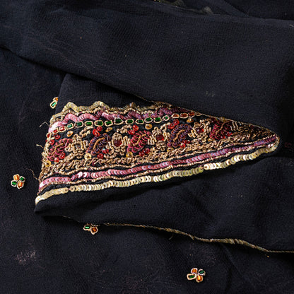 Sanskriti Vintage Black Pure Georgette Silk Stole Dupatta Hand Bead Zardozi Veil