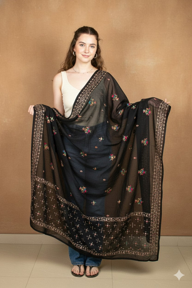 Sanskriti Vintage Black Pure Georgette Silk Stole Dupatta Hand Bead Zardozi Veil