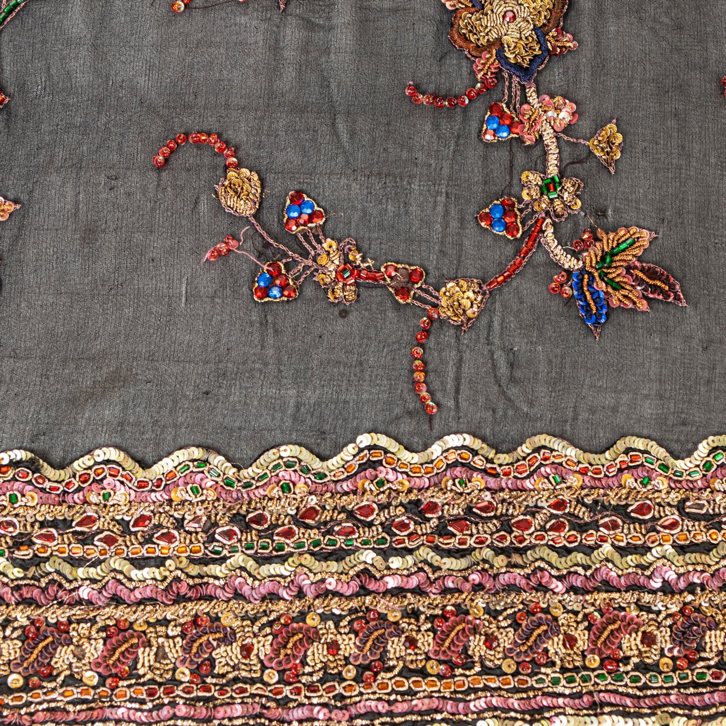 Sanskriti Vintage Black Pure Georgette Silk Stole Dupatta Hand Bead Zardozi Veil
