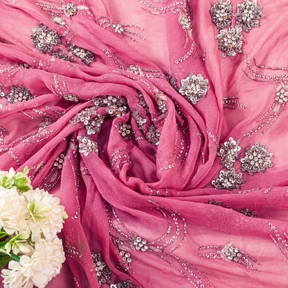 Sanskriti Vintage Pink Pure Georgette Dupatta Long Stole Hand Beaded Head Scarf