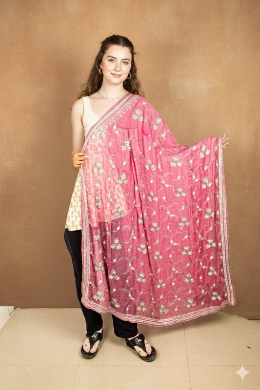 Sanskriti Vintage Pink Pure Georgette Dupatta Long Stole Hand Beaded Head Scarf