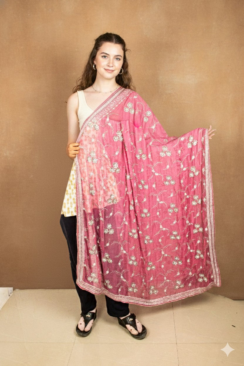 Sanskriti Vintage Pink Pure Georgette Dupatta Long Stole Hand Beaded Head Scarf