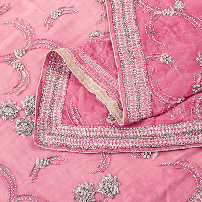 Sanskriti Vintage Pink Pure Georgette Dupatta Long Stole Hand Beaded Head Scarf