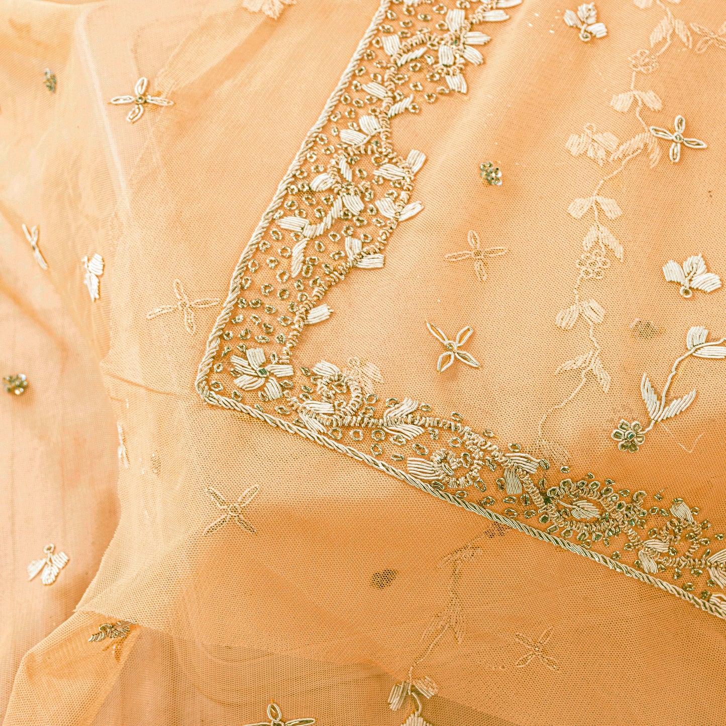 Sanskriti Vintage Peach Net Dupatta Long Stole Hand Embroidered Zardozi Scarves Crafting, Upcycling, Recycling, Home Decor, Sewing,